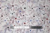 Flat swatch fabric in Red, Blue, Silver Stars on White