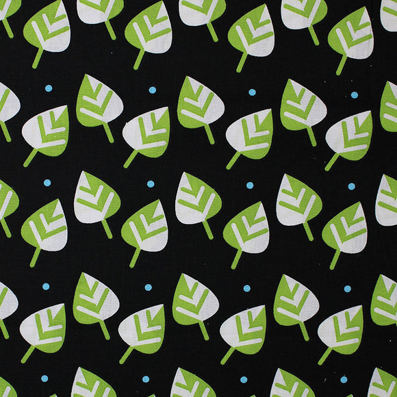 Square swatch leaves fabric (black fabric with tossed green and white cartoon style leaves with blue polka dots)
