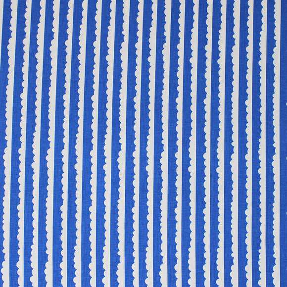 Square swatch let them be little fabric (deep blue fabric with thin white stripes with scalloped cloud-like shape tops)