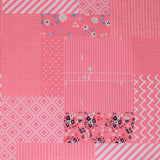 Square swatch someday fabric (bubblegum pink fabric comprised of square and rectangle labels/patches with different styles, some floral, stripes with white, chevron, triangles, etc.)