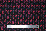 Flat swatch fish print fabric in black (black coloured fabric with pink/blue coloured alternating fish pattern lines)