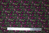 Flat swatch food printed fabric in figs (black) (black fabric with tossed purple figs and doodled bubbles/greenery)
