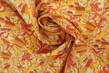 Swirled swatch crystals and peonies printed fabric in orange (medium orange fabric with tossed light orange peonies and dark orange crystal clusters tossed allover)