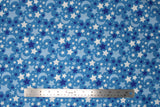 Flat swatch small stars and moons printed fabric in grey (blue fabric with tossed stars and moons allover in various shades of blue and white)
