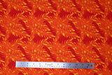 Flat swatch big leaves printed fabric in orange (dark orange/red fabric with orange and yellow leafy pattern allover)