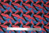Flat swatch big leaves printed fabric in black (black fabric with blue and pink leafy pattern allover)
