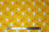 Flat swatch food printed fabric in pears (yellow fabric with tossed yellow pears and half cut pears in white)