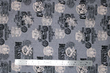 Flat swatch of assorted Canadian custom motorcycles fabric in grey (grey fabric with tossed logo and text related to Canadian custom motorcycles "Custom" text, etc. in white, black)