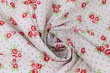 Swirled swatch roses fabric (white fabric with small pink polka dots allover and scattered small rose detail in red, pink with green flowers in groups of 1-3)