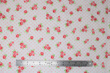 Flat swatch roses fabric (white fabric with small pink polka dots allover and scattered small rose detail in red, pink with green flowers in groups of 1-3)