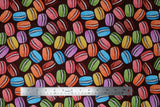 Flat swatch macaroon fabric (burgundy fabric with tossed illustrative style macaron cookies with white icing in the center in blue, orange, pink, purple, yellow, green, brown, etc.)