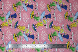 Flat swatch mae flowers scene (girls with umbrellas) printed fabric in pink