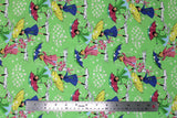 Flat swatch mae flowers scene (girls with umbrellas) printed fabric in green