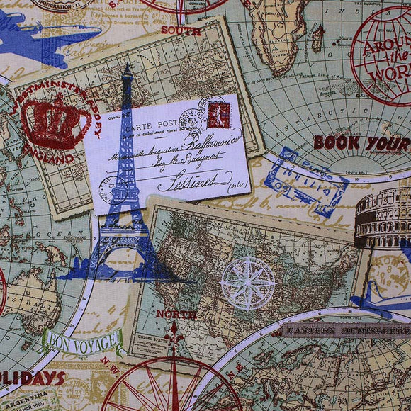 Square swatch Map fabric (busy collaged map and globe elements in vintage style allover: printed maps, stamps, etc.)
