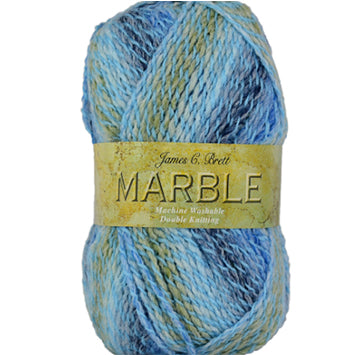 Ball of Marble DK yarn in light to dark blue shades and olive/white with twists