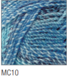 Swatch of Marble Chunky yarn in shade MC10 (light to dark blue shades with twists)