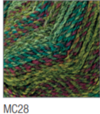 Swatch of Marble Chunky yarn in shade MC28 (light to deep faded greens, blues and purple twists)