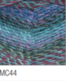 Swatch of Marble Chunky yarn in shade MC44 (blue and green shades, some purple with twists)