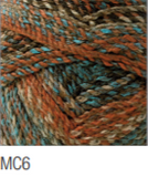 Swatch of Marble Chunky yarn in shade MC6 (beige and tan shades, burnt orange, turquoise blue shades with twists)