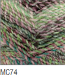 Swatch of Marble Chunky yarn in shade MC74 (green and purple shades with twists)