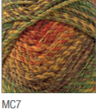 Swatch of Marble Chunky yarn in shade MC7 (faded yellow, green, orange, and brown shades with twists)