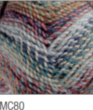 Swatch of Marble Chunky yarn in shade MC80 (blue, purple, orange shades with twists)