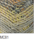 Swatch of Marble Chunky yarn in shade MC81 (grey, yellow, blue, orange faded shades with twists)