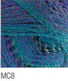 Swatch of Marble Chunky yarn in shade MC8 (medium to dark blue and purple shades with twists)