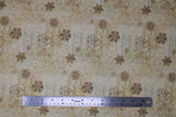 Flat swatch music sheet fabric (white and cream fabric with subtle sheet music in background and small/large intricate snowflake shapes layered throughout in white, tan, and brown)