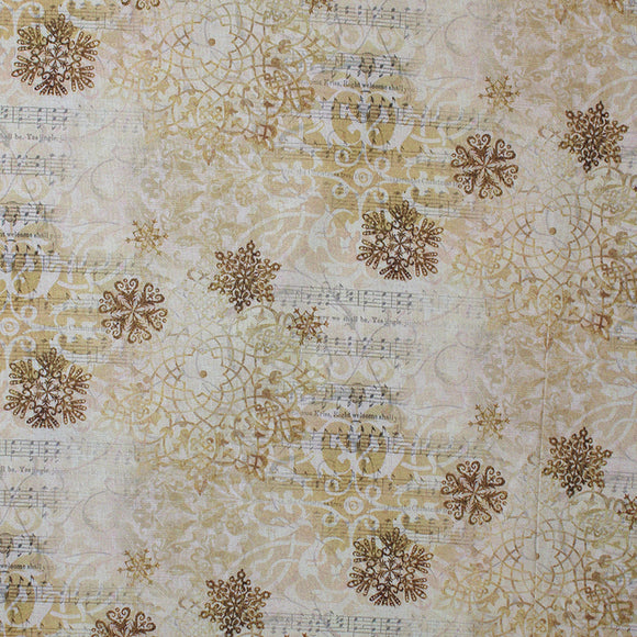 Square swatch music sheet fabric (white and cream fabric with subtle sheet music in background and small/large intricate snowflake shapes layered throughout in white, tan, and brown)