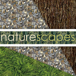 Naturescapes fabrics collection poster showing text over tiled nature backgrounds in greenery, pebbles and bark