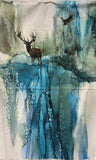 Full Panel Swatch - Deer Nature Panel (off white/light grey background with large teal watercolour waterfall, brown moose and eagle, faint forest trees behind in greens nature scene)