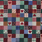 Square swatch Patchwork fabric (small squares quilt style printed fabric in various prints and colours including plaids and hearts in red, blue, green, etc.)