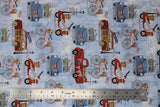 Flat swatch bikes and trucks fabric (white and light blue marbled/crack effect fabric with red bikes and vespas, cars and trucks, and blue front facing cars allover with american style flags, banners, and floral bouquets)