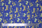Flat swatch weathervane fabric (royal blue fabric with gold weathervane toppers allover in rooster, horse, and eagle with arrows and directional letters)
