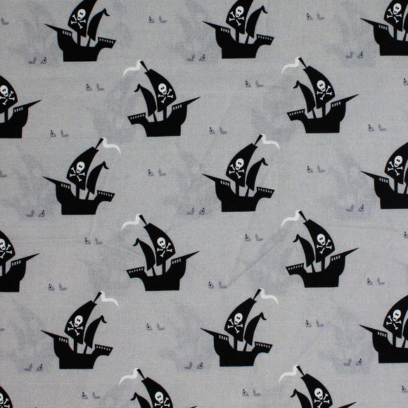 Square swatch Pirate Ship fabric (light grey fabric with tossed black ship outlines with skull and cross bone flags)