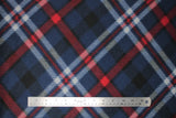 Flat swatch navy plaid fabric (navy fabric with large diagonal plaid lines in white and red)