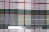 Flat swatch mint plaid fabric (white and light grey fabric with medium pale green and red plaid lines throughout)