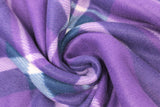 Swirled swatch violet plaid fabric (dark purple fabric with white and pale purple plaid lines large)