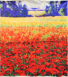 Full panel swatch - Poppies Panel - 36" x 45" (outdoor nature scene: red poppy field with trees and house in background)