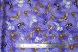 Flat swatch animal themed printed fabric in Owls (on purple)