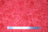 Flat swatch red hearts & flowers fabric (bubblegum pink fabric with busy pink and pale red floral, leaves, hearts tossed allover)