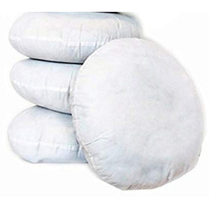 Stack of 3 round medium sized pillow forms with 1 stacked in front all on white background