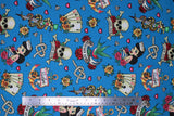 Flat swatch Forever Love Sailor fabric (blue fabric with tossed american traditional tattoo style doodles allover: pinup sailor girl, 4 of a kind hand in aces, roses, skulls, swallow birds, snakes and daggers, anchors, etc.)