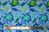 Flat swatch sealife fabric (white and blue water look marbled fabric with green, blue and teal turtles and seahorses with colourful coral)