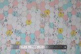 Flat swatch honeycomb patches white fabric (hexagon printed fabric in white and light coloured floral patterns allover)