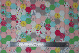 Flat swatch honeycomb patches pink fabric (hexagon printed fabric in white, pink, hot pink, grey, blue, yellow, green hexagons with assorted floral patterns within)