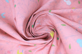 Swirled swatch birdies fabric (pink/orange fabric with grey outlined floral/greenery allover and tossed white, yellow, and blue bird shapes with tossed blue and green leaves)