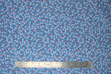 Flat swatch dots fabric (medium blue fabric with small tossed white, pink, red and blue floral heads and black leaves)