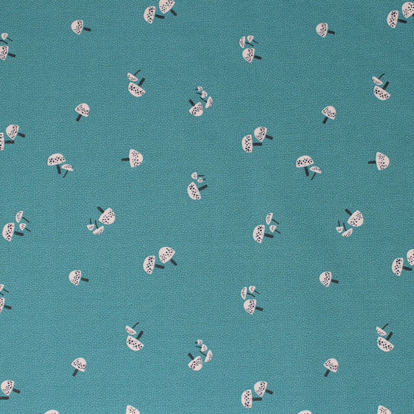 Square swatch shrooms fabric (teal fabric with tiny faint white polka dots allover and tossed white mushrooms with dark grey/black stems and spots)